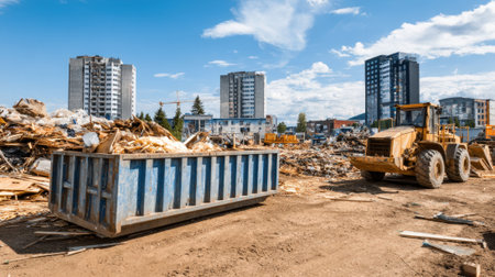 Construction site captured in a medium shot with a strategically placed dumpster for debris disposal demonstrating onsite waste efficiency.の素材