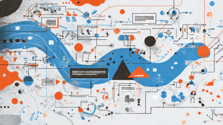 Medium closeup of an infographic featuring dynamic flow diagrams and symbols that simplify a complicated process in an engaging way.の素材