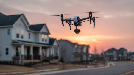 Medium shot capturing a drone conducting aerial surveillance over a suburban neighborhood at dusk highlighting advanced technology in community safety operations.の素材