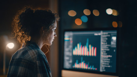 Medium shot of a human resources manager reviewing detailed reporting charts on a computer screen focusing on employee performance metricsの素材