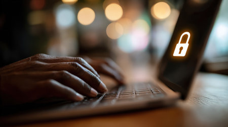Close medium shot of an employee using secure software on a desktop underlining data protection and privacy in remote work solutions.の素材