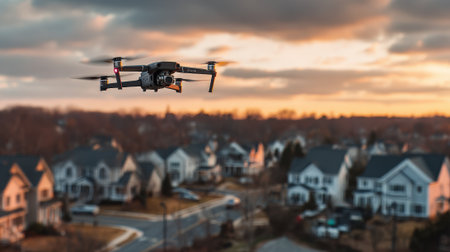 Medium shot capturing a drone conducting aerial surveillance over a suburban neighborhood at dusk highlighting advanced technology in community safety operations.の素材