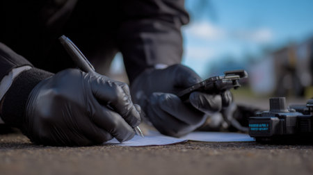 Crime scene investigator documenting and photographing evidence with precision capturing details for legal case support.の素材