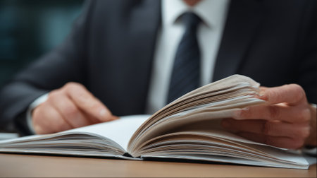 Closeup of a handbook titled Ethical Debt Collection as a person flips its pages focusing on responsible debtor interaction standards.の素材