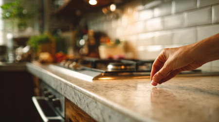 Medium shot of a kitchen countertop where a hand applies cockroach gel bait near the stove to control infestation effectively.の素材