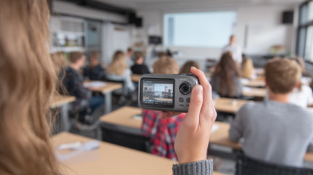 Medium shot of a portable digital classroom recorder held by a student recording a live lecture in a modern classroom filled with attentive learners.の素材