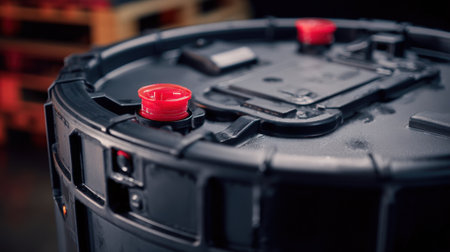 Medium shot showing a durable drum with advanced leakproof technology emphasizing material quality and secure seals for reliable liquid containment in logistics.の素材