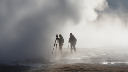 Medium shot capturing surveyors conducting a magnetometer survey near steaming geothermal vents to identify underground heat flow patterns.の素材