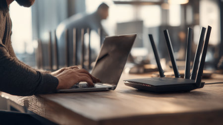 Office wireless router configuration with closeup of tech professional adjusting settings on a laptop amid sleek workspace surroundingsの素材