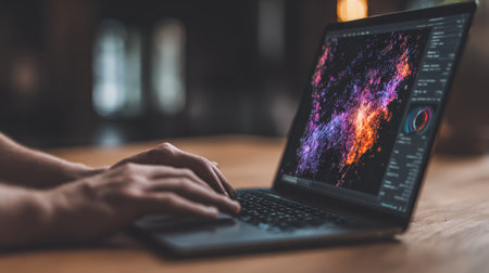 Closeup medium shot of data scientists using predictive modeling software to forecast market trends and consumer behavior patterns.の素材