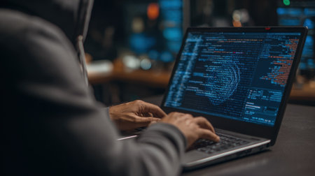 IT expert performing virus scan on a Linux laptop emphasizing opensource system security and efficient malware eradication.の素材