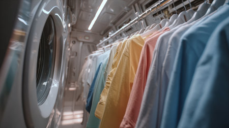 Medium shot of fabricspecific wash cycle using embedded sensors to tailor detergent release and agitation for delicate garments.の素材