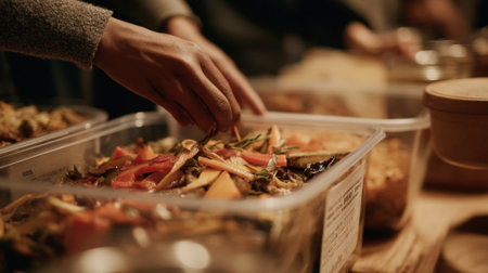 Medium shot of restaurant employees placing leftover vegetable peels and food trimmings into a labeled container showcasing responsible organic waste handling.の素材