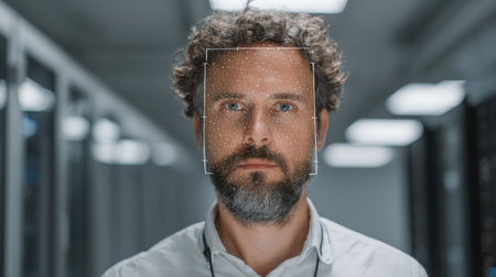 IT professional integrating facial recognition technology with existing security infrastructure to strengthen data center defense.の素材