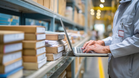 Medium shot of technician updating software inventory records on a laptop ensuring comprehensive tracking of hardware and software assets.の素材