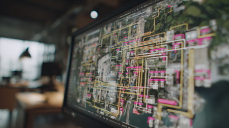 Medium shot showcasing complex algorithms running on a computer screen sorting diverse hazardous waste streams automaticallyの素材