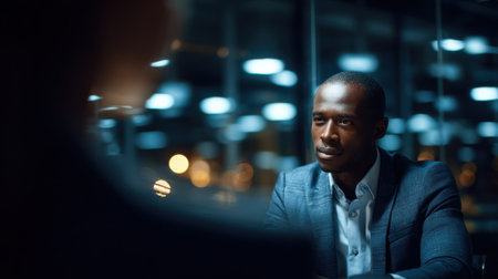 Medium shot of a patent consultant explaining technology protection strategies to a client in a modern office emphasizing innovation and legal safeguards.の素材