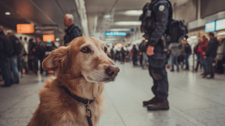 Medium shot of a bombsniffing dog performing a thorough inspection at a busy transportation hub emphasizing safety and precision in threat detection.の素材