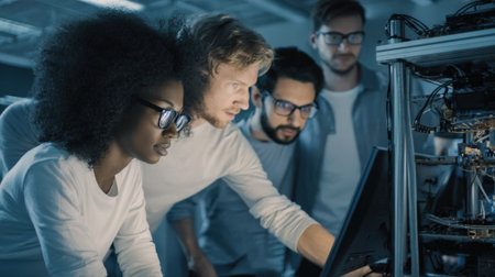 Medium shot of a team collaborating around a quantum computing workstation emphasizing problemsolving and innovation in cryptography.の素材