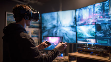 Medium shot of a game designer testing VR features in an entertainment setup creating engaging virtual worlds for user immersion.の素材