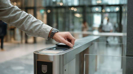Medium shot of an employee swiping an electronic security badge at a sleek office entrance for controlled accessの素材