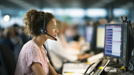 A customer support agent using advanced software with multilanguage capabilities to assist diverse clients effectively.の素材