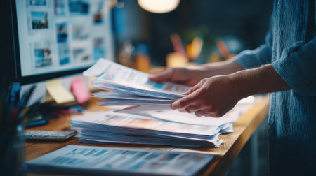 Medium shot of a team member comparing multiple document versions to optimize overall visual impact and hierarchy.の素材