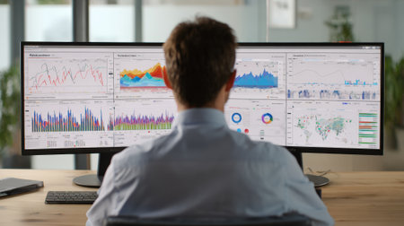 Medium shot of an executive reviewing key performance indicators displayed on dual screens emphasizing strategic insights and analytics monitoring.の素材