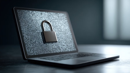 Secure contract portfolio management with encrypted data on a laptop emphasizing privacy and compliance in a controlled workspace environment.の素材
