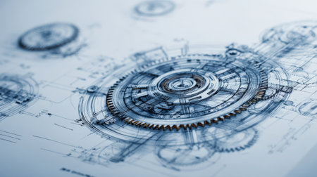 Medium shot of a mechanical patent sketch with gears and cogs highlighting innovation in machinery design on a drafting tableの素材