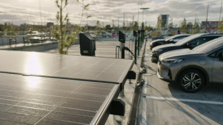 Medium shot focused on a rooftop parking area equipped with EV charging points emphasizing urban green initiatives and renewable energy use.の素材
