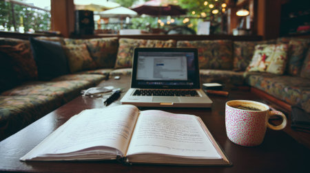 A career coach providing personalized job search advice through email with a laptop and notes visible in a cozy workspace.の素材