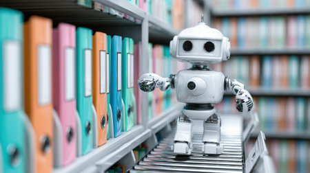 Medium shot of a robot scanning and categorizing files on a conveyor belt illustrating precise and systematic archive organization technology.の素材