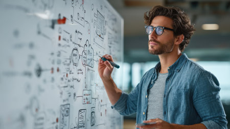 Software engineer testing containerized cloudnative app deployment with cloud infrastructure diagrams on a digital whiteboard.の素材