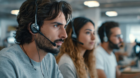 Medium shot capturing a team utilizing cloudbased call monitoring systems for seamless remote communication oversight.の素材