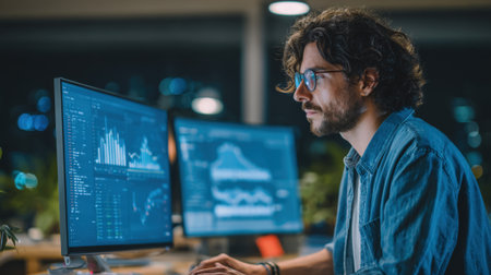 Data scientist analyzing statistical predictive models on a computer interpreting data trends and future behavior patterns in a modern office setting.の素材