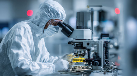 Medium shot of a researcher examining nanoscale material samples under a highpowered microscope in a cleanroom facility.の素材