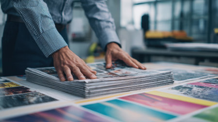 Medium shot of a professional arranging newspaper print ad layouts focusing on page design and copy placement in a bustling office environment.の素材