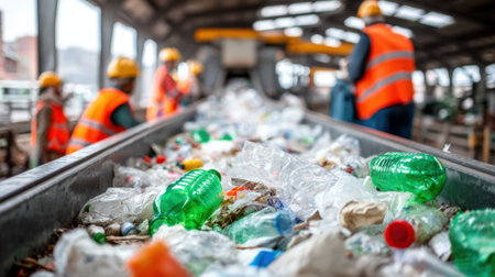 Medium shot of urban waste sorting facility showing conveyor belts and workers efficiently separating recyclables in a busy city environment.の素材
