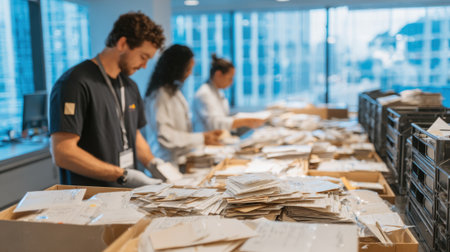 Efficient mail room staff sorting incoming letters and packages on a large table in a bright office setting.の素材