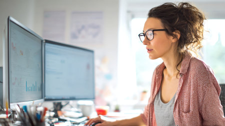 HR specialist accurately processing payroll data on a computer while reviewing financial reports in a bright workspace.の素材