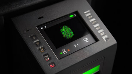 Medium shot of biometric security equipment displaying fingerprint facial and voice recognition icons illustrating integrated biometric access solutions.の素材