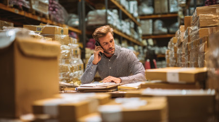 Medium shot of a wholesale coordinator managing bulk purchase calls surrounded by inventory boxes in a warehouse setting.の素材