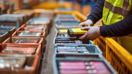 Medium shot of a worker sealing battery waste boxes filled with mixed battery types to ensure secure transport and recycling complianceの素材