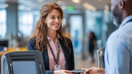 Office visitor receiving printed ID badge from selfservice visitor management stationの素材