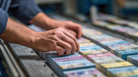 Hands sorting freshly printed flyers with varied personalized content demonstrating tailored advertising using variable data printing technology.の素材