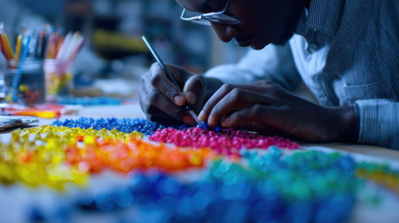 Medium shot of a designer crafting ecofriendly products using colorful recycled plastics highlighting sustainable innovation in material reuse.の素材