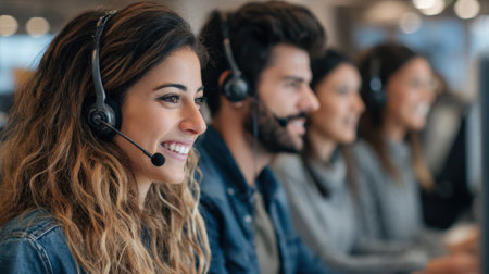 Professional team using cloudbased VoIP phones for seamless communication in a modern customer service center.の素材