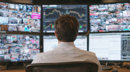 Medium shot focused on an analyst reviewing news articles on multiple screens to identify upcoming changes in market dynamics.の素材