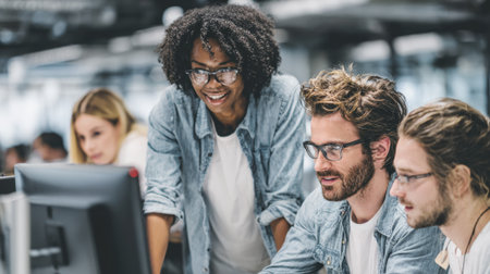 Medium shot of a team collaborating around a computer reviewing vendormanaged supply orders and delivery schedules in a modern office environmentの素材